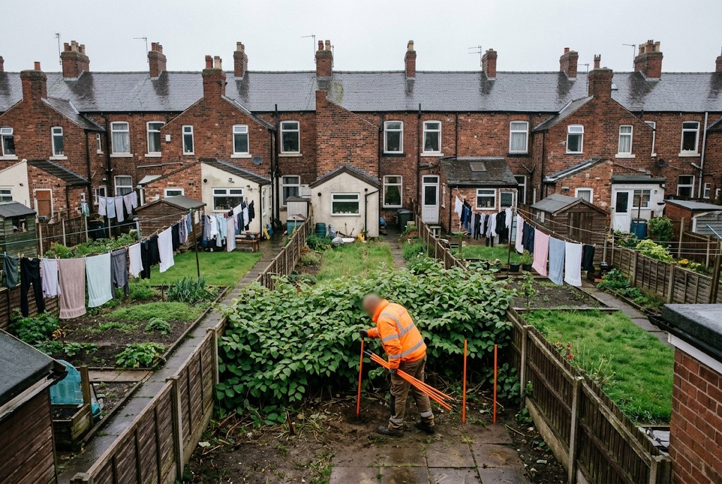 A surveyor marking out a stand down a long back garden.