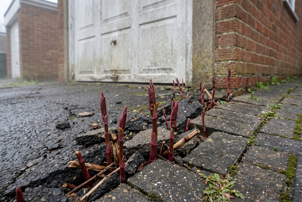 Spring shoots breaking through tarmac at the edge of a garage drive.