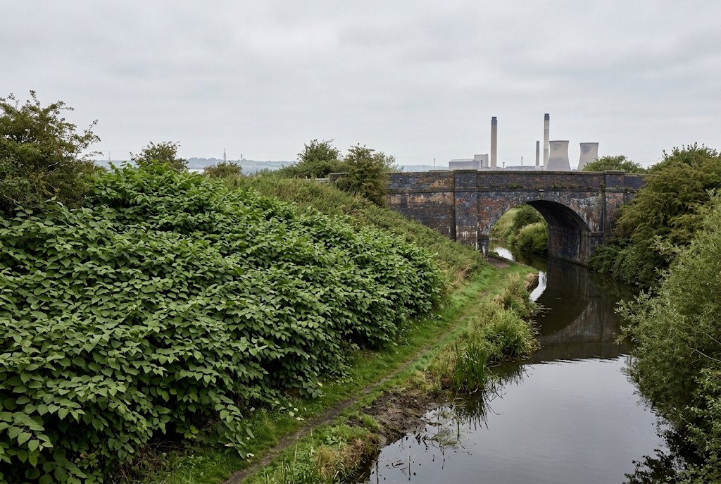 Knotweed growing on a canal or railway embankment beside a brick bridge.